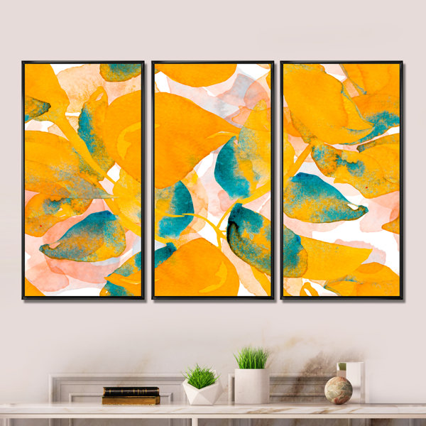 Winston Porter Watercolor Leaves In Orange And Blue Framed On Canvas 3